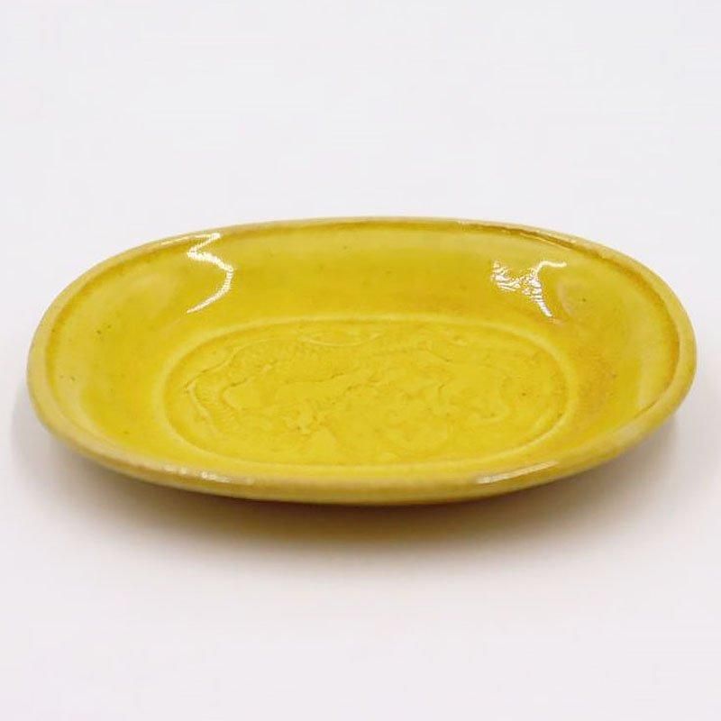 ♦淡路焼 緑釉 龍 鳳凰文様 小判型豆皿 明治初期〜江戸時代 骨董品 レア物 淡路焼 小判型豆皿 レモン色 明治大正時代 アンティーク