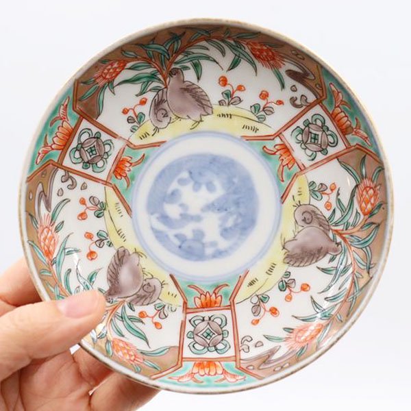 手描き 色絵 小皿 取り皿 かわいい パステル 鳥 アンティーク和食器（うずら・七宝紋）の画像