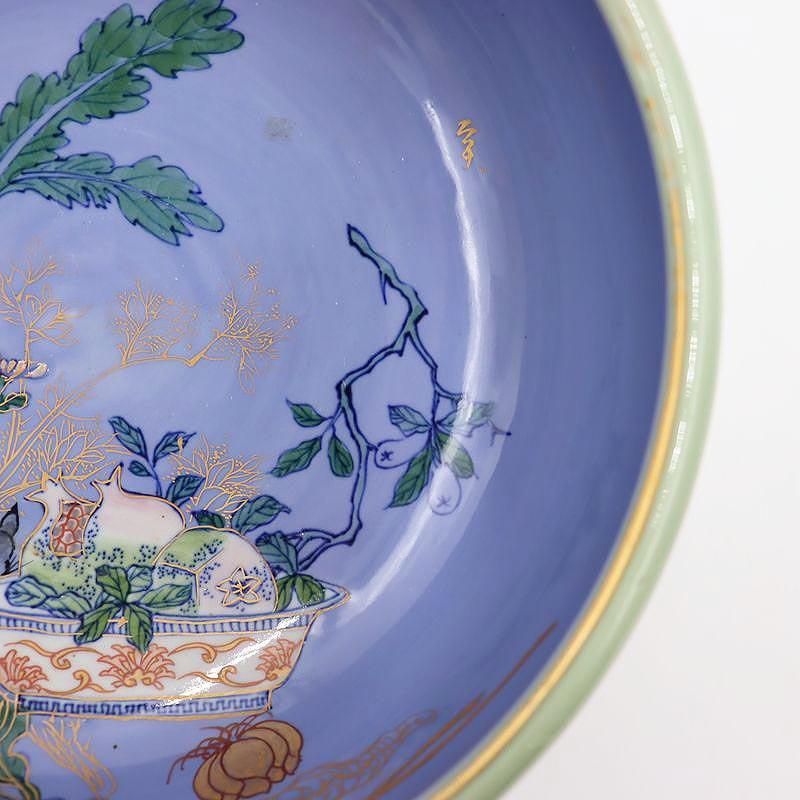 希少 手描き 色絵 青磁 中鉢 盛り鉢 飾り鉢 アンティーク 和食器