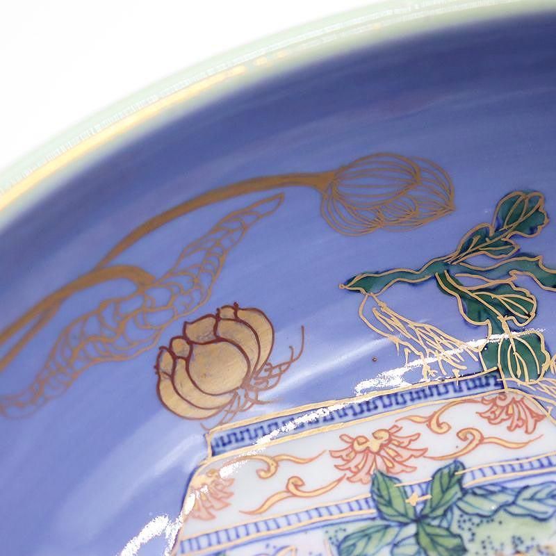 希少 手描き 色絵 青磁 中鉢 盛り鉢 飾り鉢 アンティーク 和食器