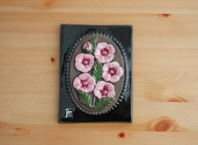 スウェーデン製 JIE GANTOFTA 陶板 ジイガントフタ ピンクの花 北欧 ウォールプレート 壁掛け陶器 オブジェ インテリア アンティーク_221104の画像