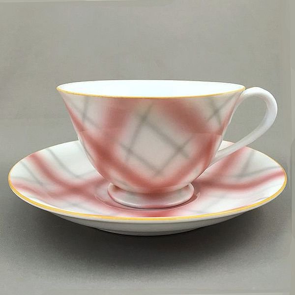 JOTO CHINA カップ＆ソーサー C&S 昭和レトロ モダン 紅茶 ティー ピンク チェックの画像