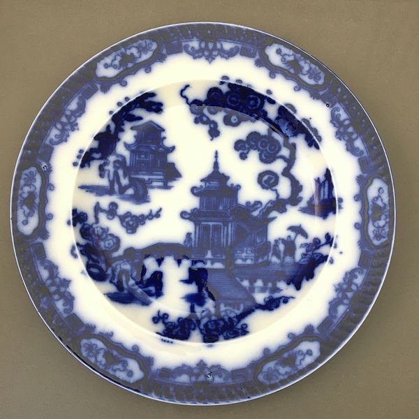 ブルーアンドホワイト アンティーク 深皿 オランダ 阿蘭陀 ディナー皿 飾り皿 シノワズリ（楼閣山水）の画像
