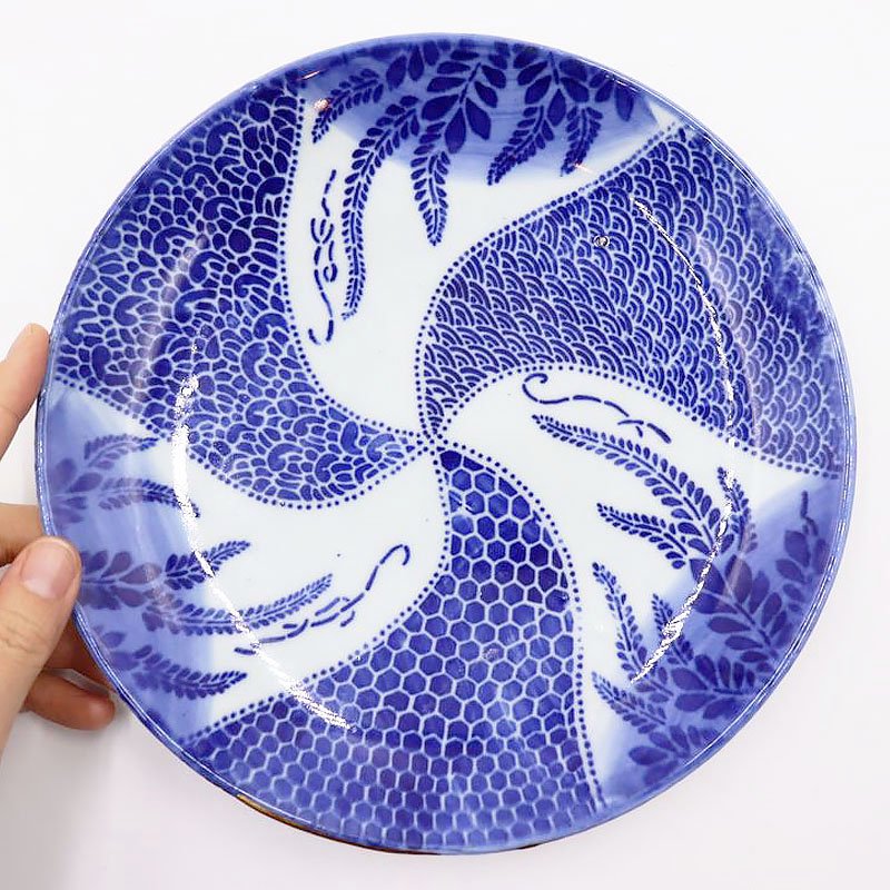【金継ぎ】印判 中皿 藍色 コバルトブルー ワンプレート 和食器 明治・大正 (藤・渦・亀甲・青海波)の画像
