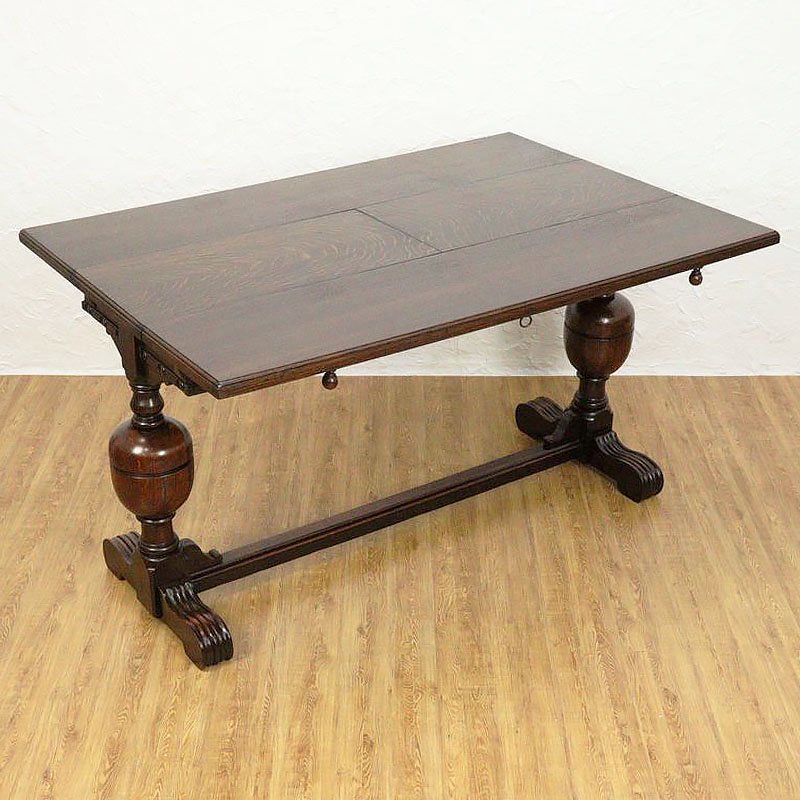 希少 イギリス製 ドローリーフテーブル 伸長式 細幅 コンソールテーブル ダイニングテーブル 2-6人用 彫刻入り バルボスレッグ オーク材 木製 英国家具の画像