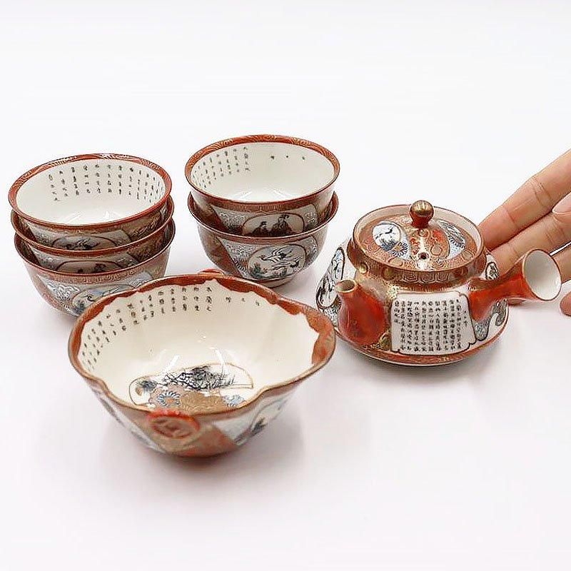 金継ぎ】手描き 細字 細密 加賀九谷焼 赤絵 茶器セット 煎茶