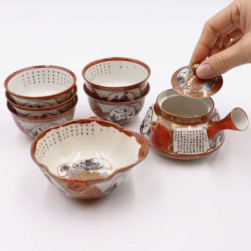 新品同様 細密 細字 金継ぎ】手描き 加賀九谷焼 煎茶 茶器セット 赤絵 工芸品
