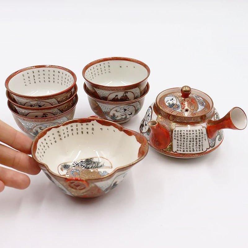 金継ぎ】手描き 細字 細密 加賀九谷焼 赤絵 茶器セット 煎茶 金継ぎ】手描き 細字 細密 加賀九谷焼 赤絵 茶器セット 煎茶