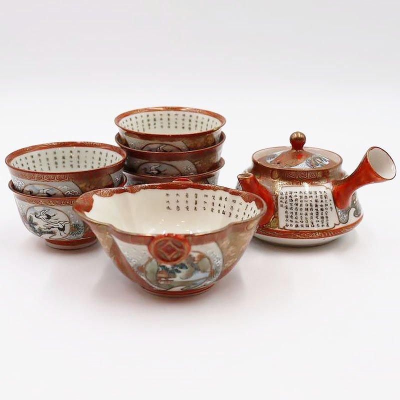 金継ぎ】手描き 細字 細密 加賀九谷焼 赤絵 茶器セット 煎茶 金継ぎ】手描き 細字 細密 加賀九谷焼 赤絵 茶器セット 煎茶