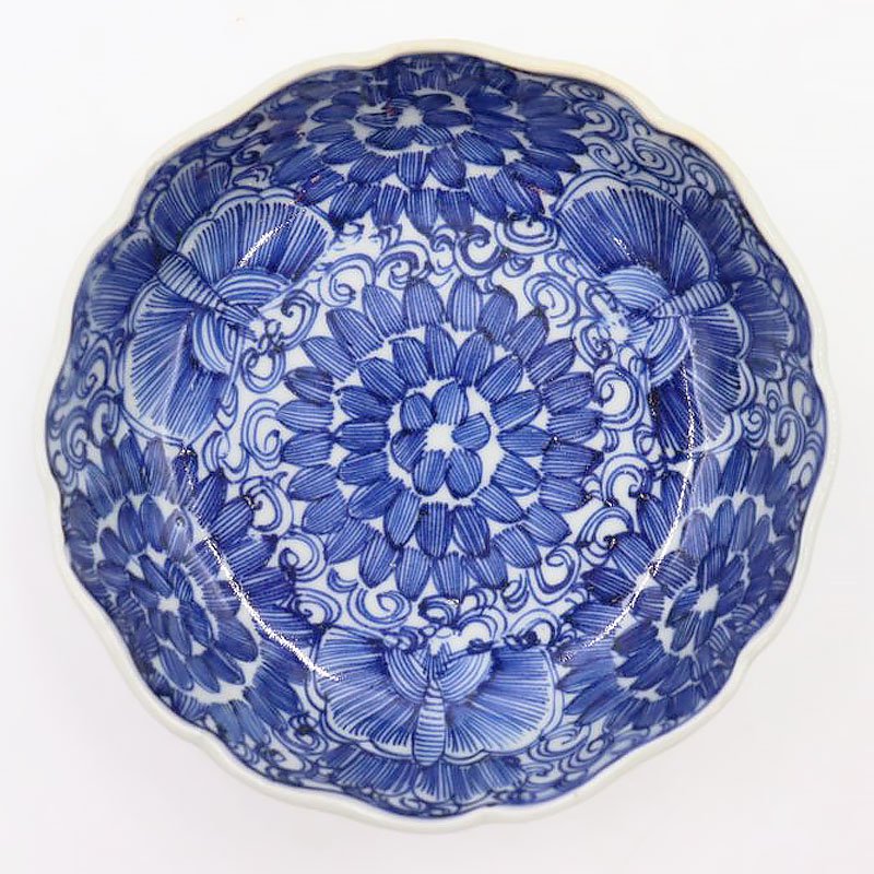 手描き染付 線描き なます皿 取り皿 向付 呉須 藍 和骨董 アンティーク 大正 昭和初期（蝶・花・唐草）の画像