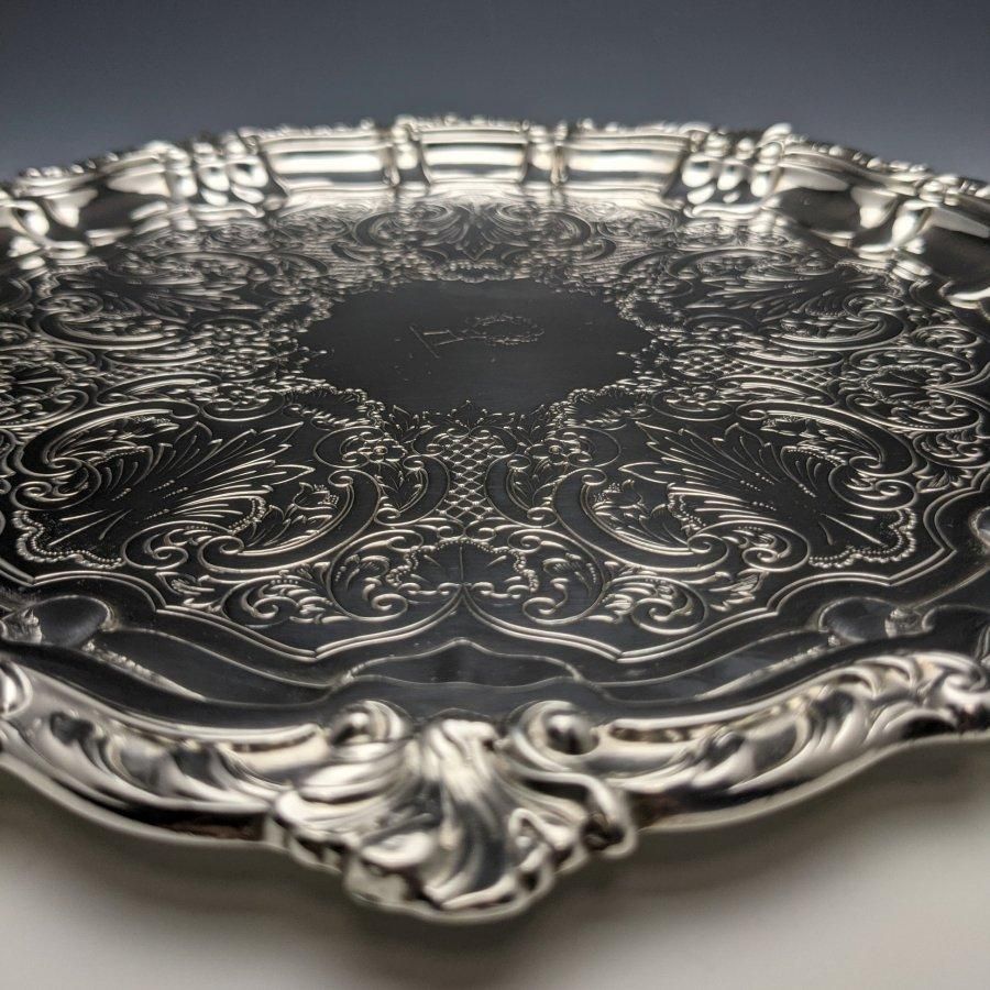 1898年 英国アンティーク 純銀 脚なしサルヴァ 直径30cm 670g