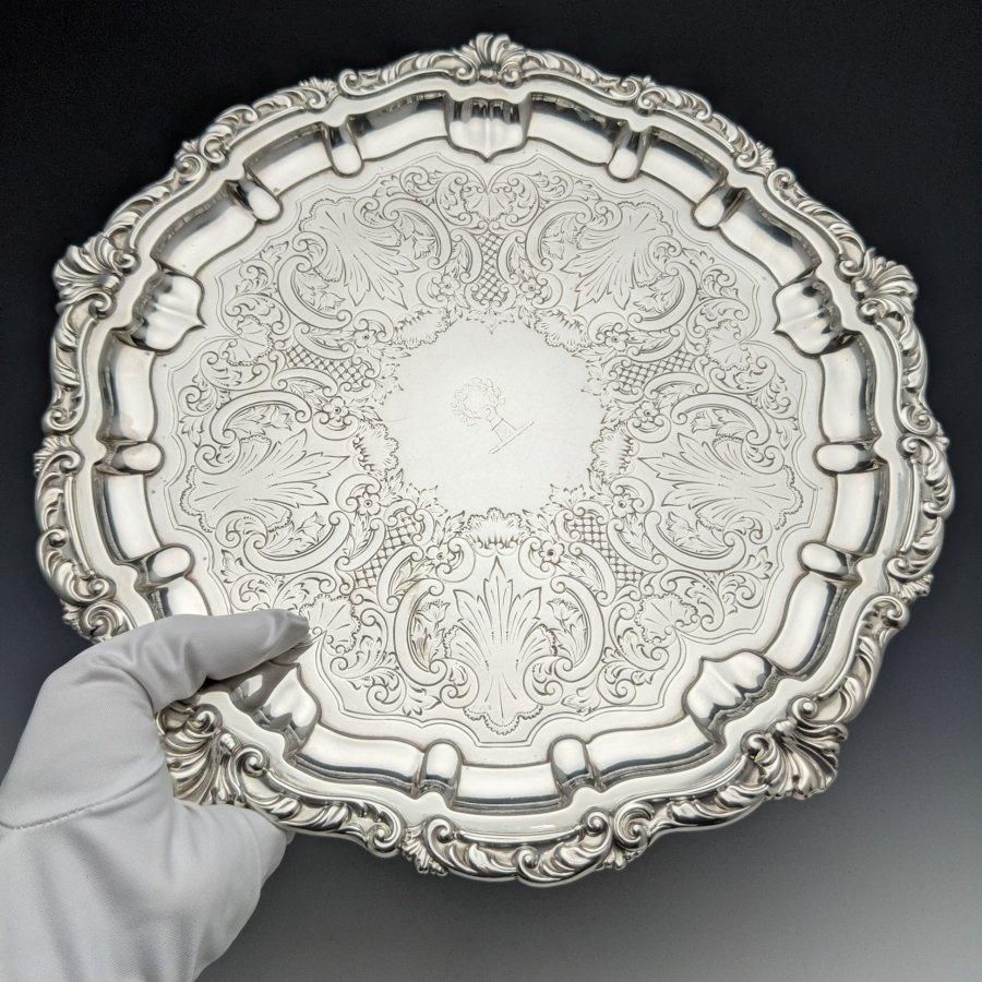 1899年 英国アンティーク 純銀製サルヴァ カードトレイ 直径22cm 315g Mappin Brothers 1899年 英国アンティーク 純銀製サルヴァ カードトレイ 直径22cm