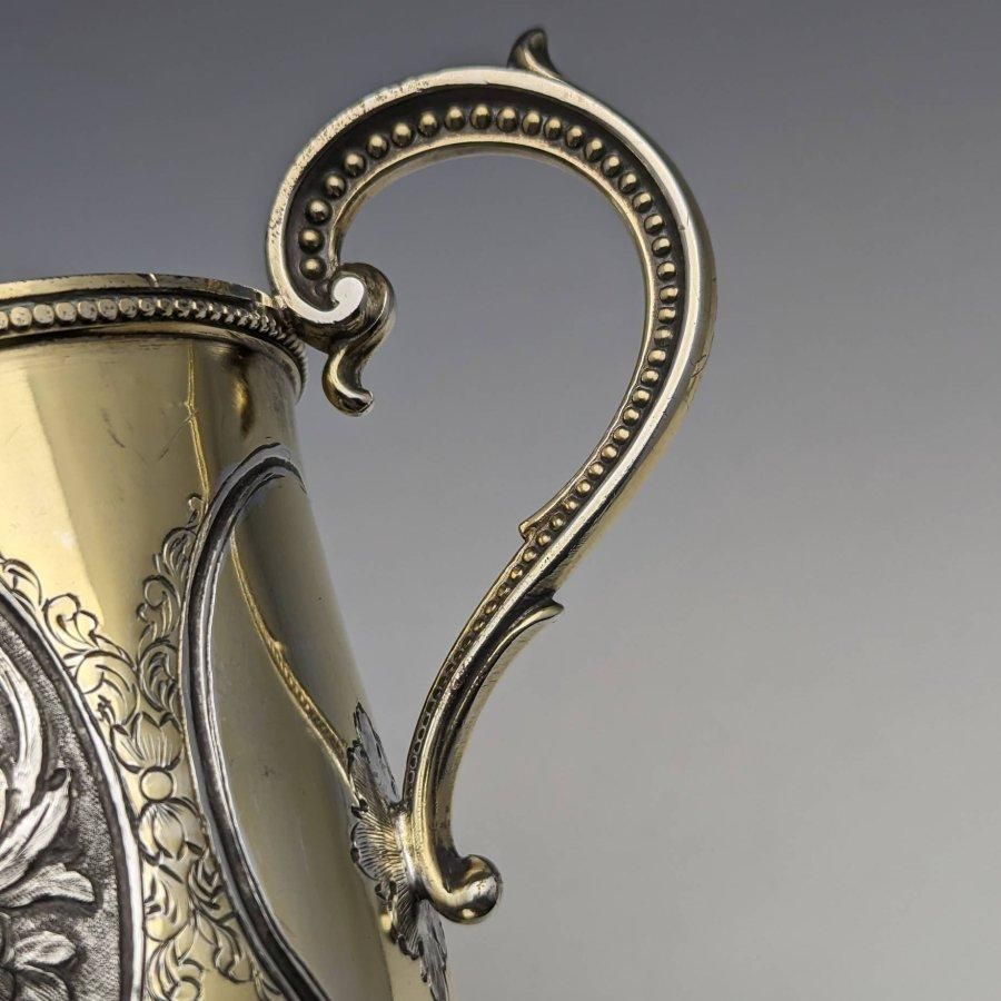 1867年 英国アンティーク 純銀ゴールド装飾 花彫刻マグカップ