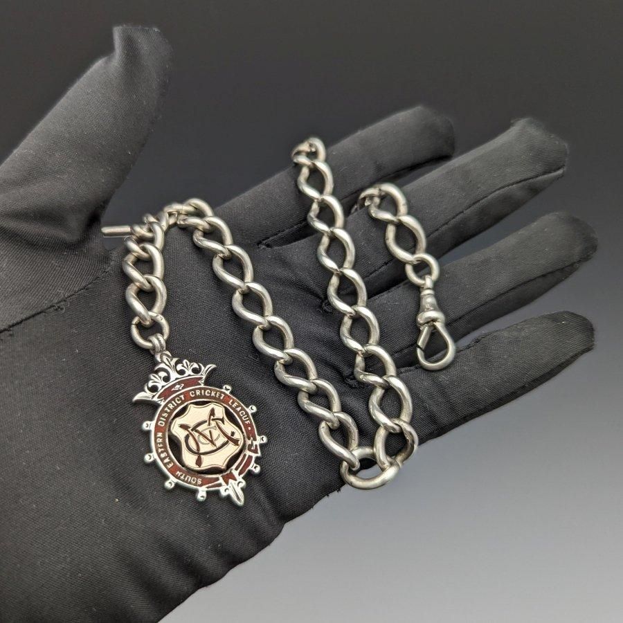 1900年頃 英国アンティーク 純銀製アルバートチェーン 52g 純銀 1900年頃 英国アンティーク 純銀製アルバートチェーン 52g 純銀
