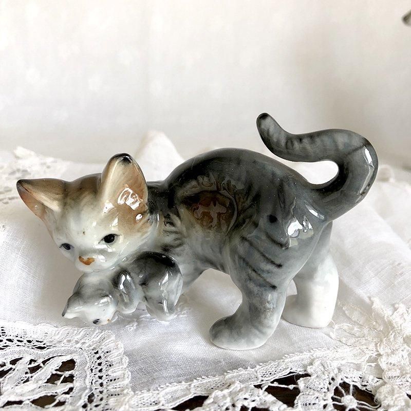 陶器置物 フィギュリン しま猫の親子 11OTk1 - ANTIQUE LEAVES 陶器置物 フィギュリン しま猫の親子 11OTk1 - ANTIQUE LEAVES