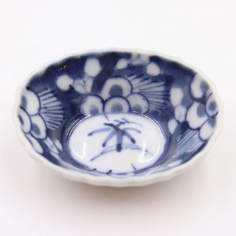 手描き 染付 藍 楕円 深豆皿 手塩皿 お醤油皿 アンティーク レトロ 和食器 ミニ （松）の画像