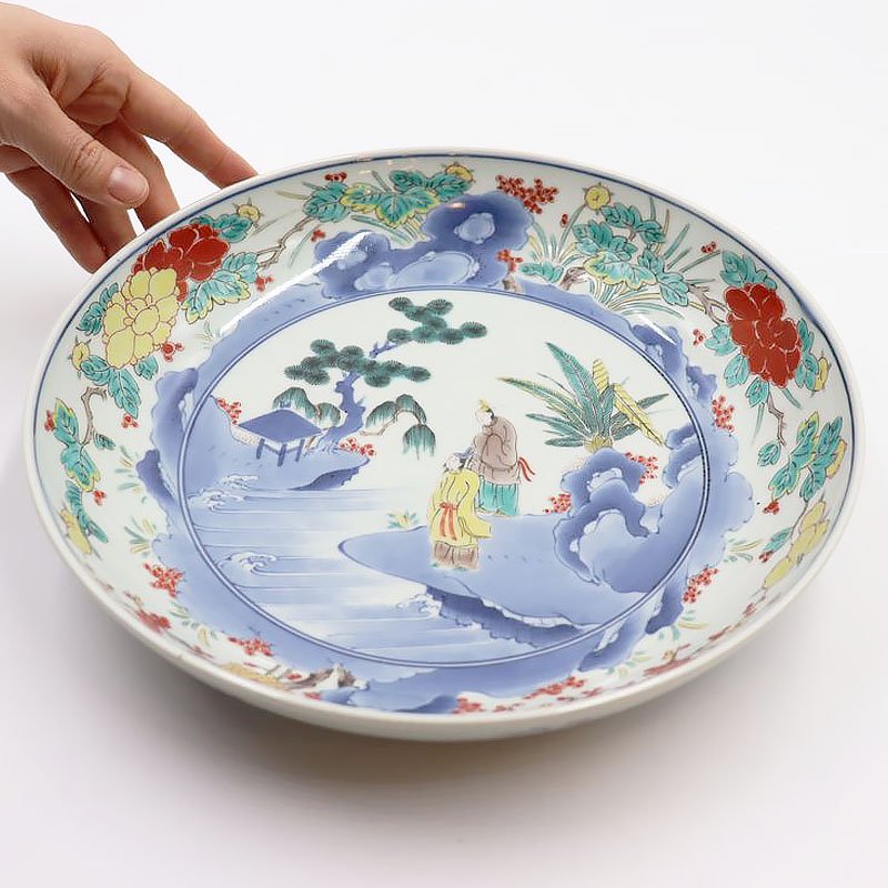 手描き 色絵 染付 盛り鉢 飾り鉢 和食器 アンティーク カラフル 時代風景（唐人物・東屋・山水）の画像