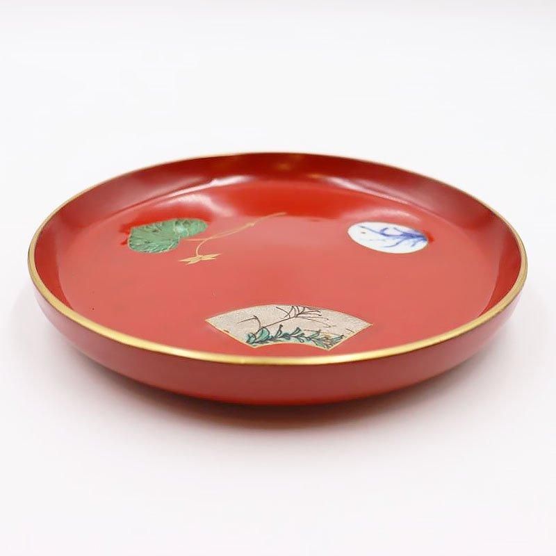 時代漆器 天然木製漆塗 牡丹と菖蒲と稲穂 蒔絵 菓子皿 6客