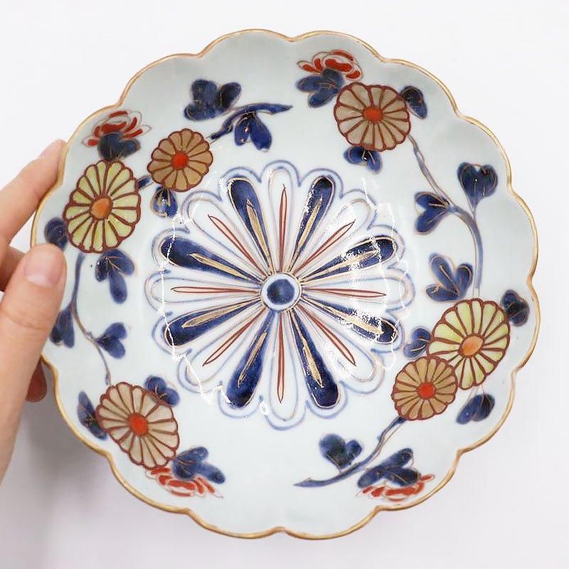 手描き色絵輪花なます皿 明治時代後期 アンティーク