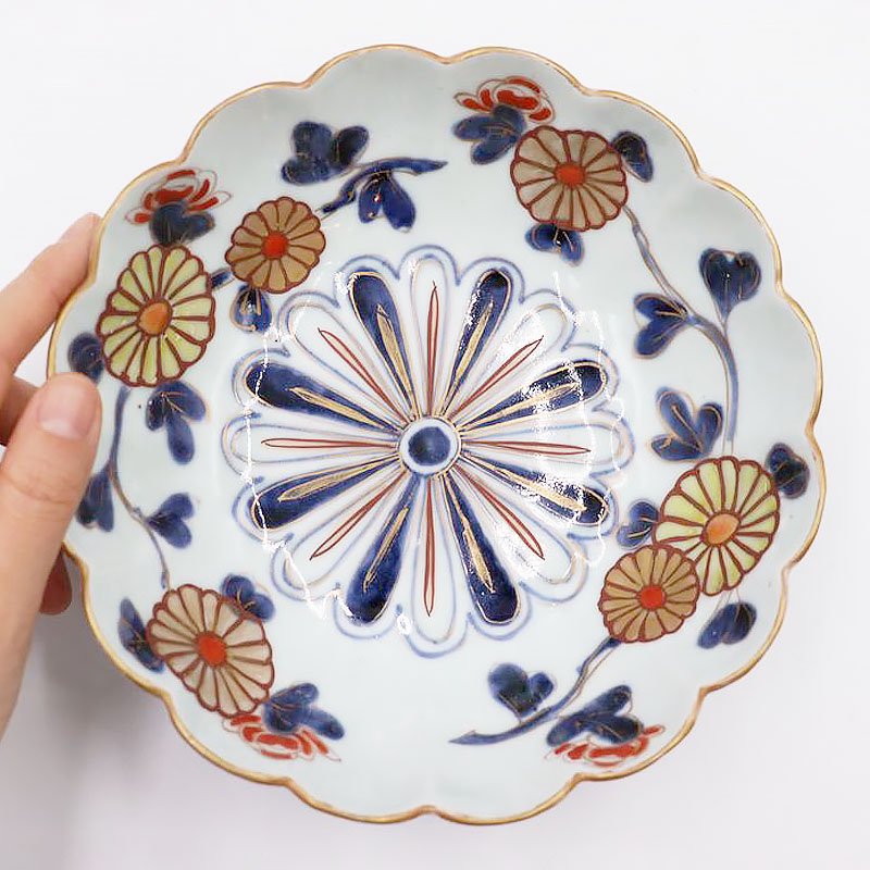 手描き 色絵 輪花 なます皿 向付 取り皿 かわいい カラフル モダン アンティーク 和骨董（大輪菊）の画像