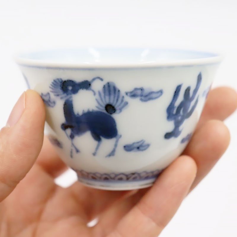 手描き 染付 煎茶器 煎茶碗 中国茶 カップ 藍色 呉須 アンティーク ヴィンテージ 茶道具（麒麟・瑞獣）の画像