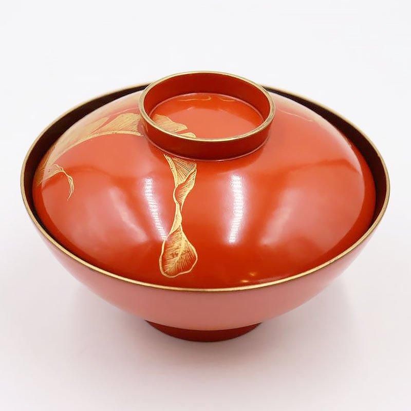 希少図柄 朱塗り 濃茶・栗色 沈金入り 蓋椀 アンティーク 骨董