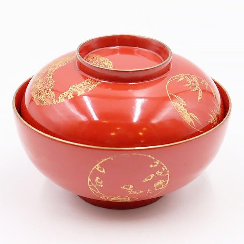 松竹梅手描き　漆器椀6客　大正時代 大正時代の美しいアンティーク漆器蓋椀