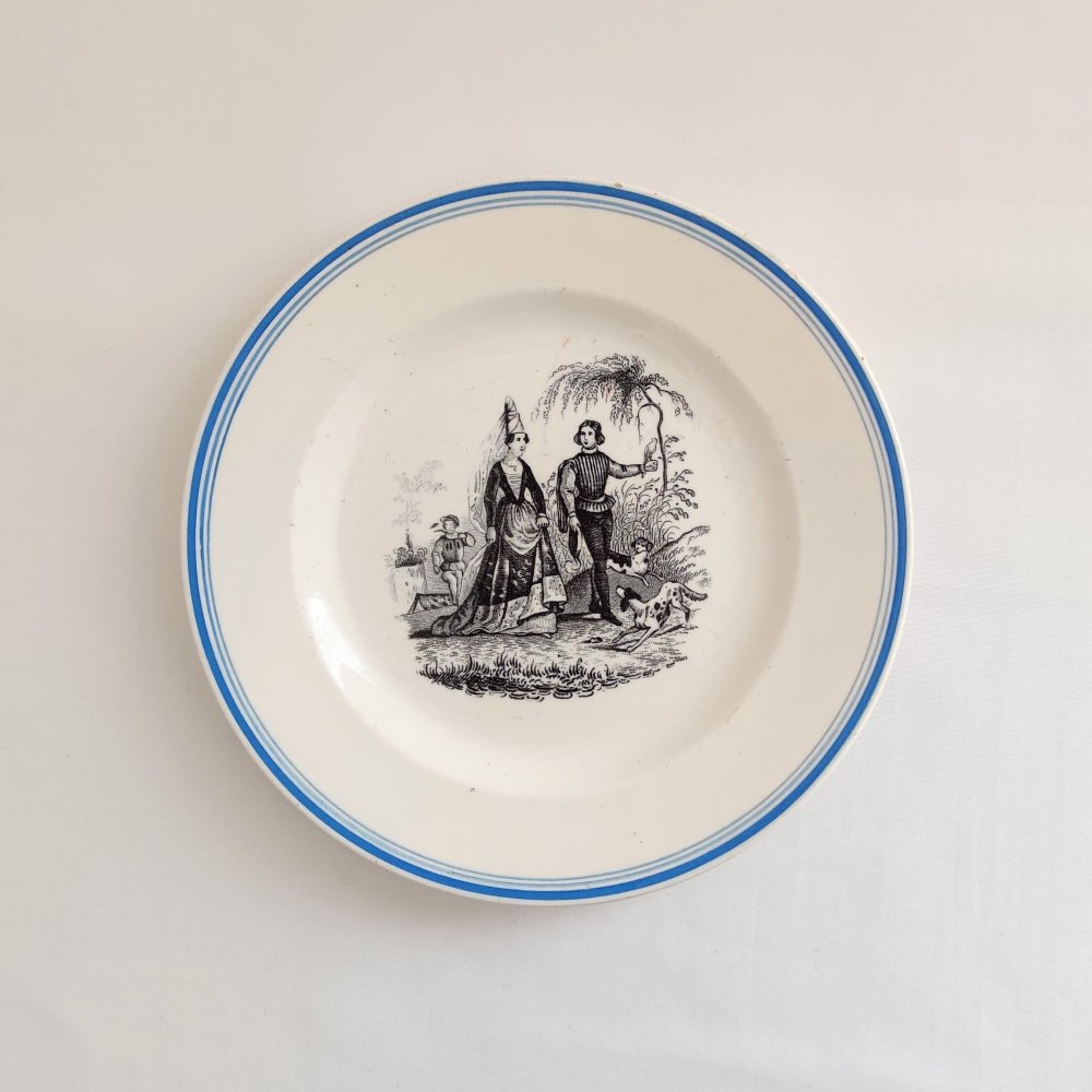 ヴィンテージ 陶器 プレート 絵画 貴夫人 マントを羽織った男 ヨーロッパ アンティーク ブロカント 食器 皿 絵皿 vintage