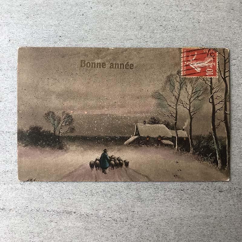 ポストカード Bonne annee 羊飼いイラスト1913 15PSa16-10