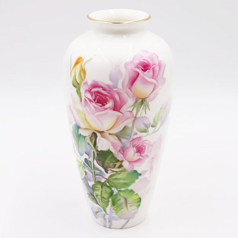 昭和のエレガントな手描きノリタケ花瓶ピンクローズ