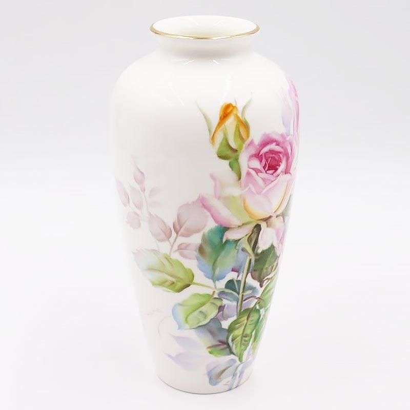 昭和のエレガントな手描きノリタケ花瓶ピンクローズ