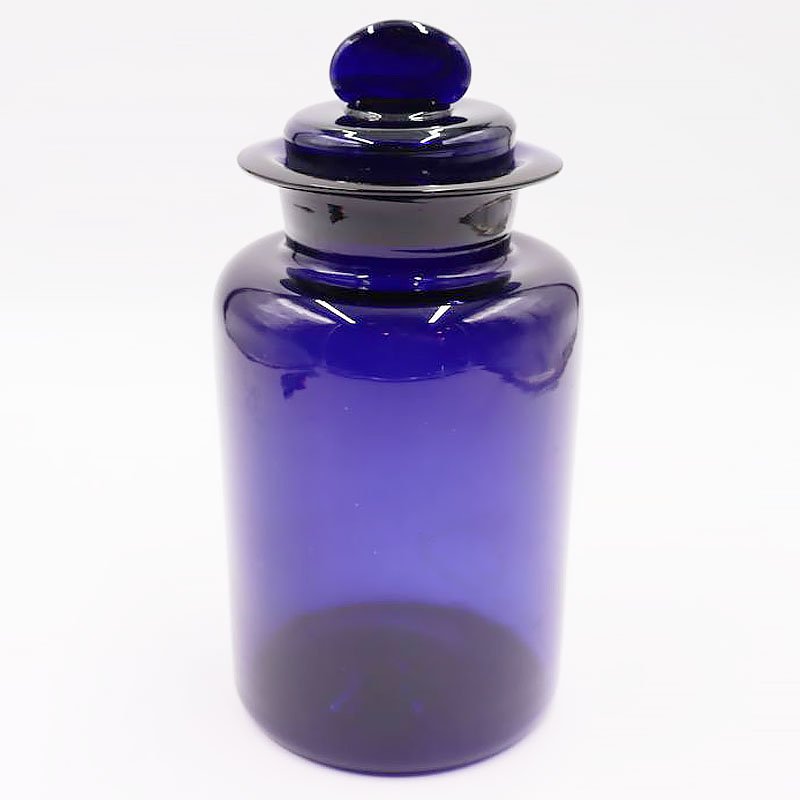 青いガラス瓶 紺色 瑠璃色 ブルー 明治・大正 蓋つき 吹きガラス アンティーク 日本製 B