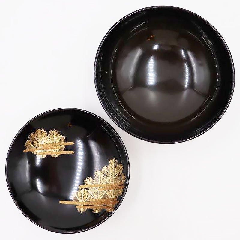 明治骨董旧家蔵出し　豪華黒塗り吸物椀　松鶴金蒔絵　明治参十参年購入　木製漆器二客 7516900194c8ea8b61fb0937271ed3