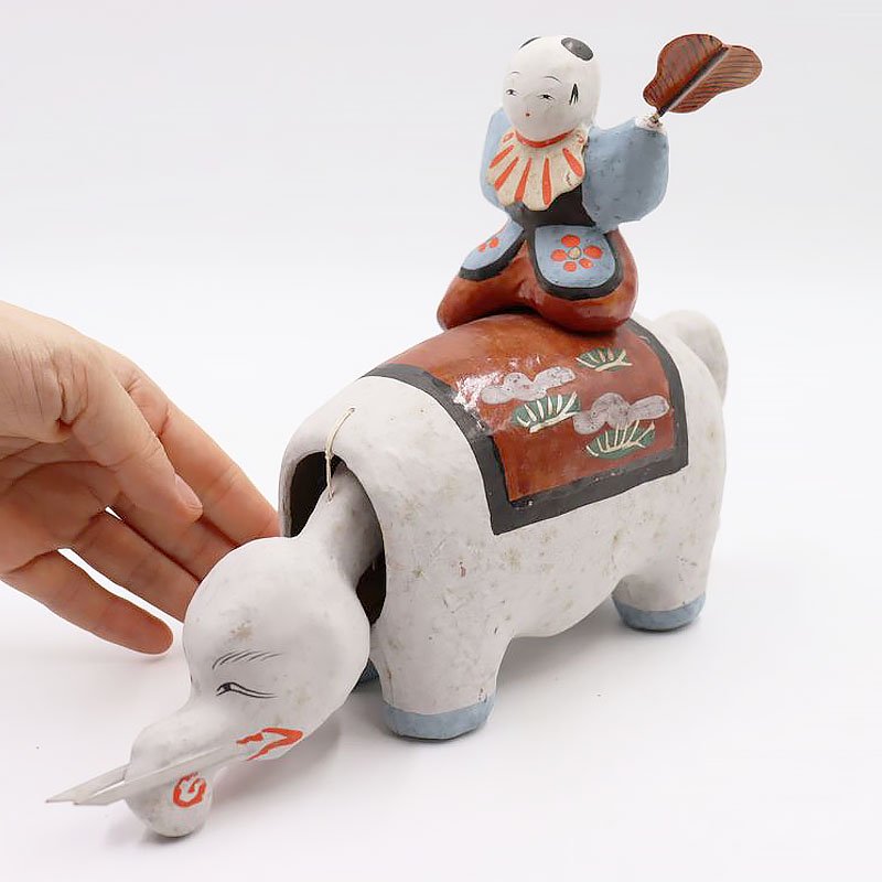 白象に乗る唐子 三春張子 郷土人形 民芸 玩具 伝統工芸 かわいい 動物 置物 アンティーク 骨董