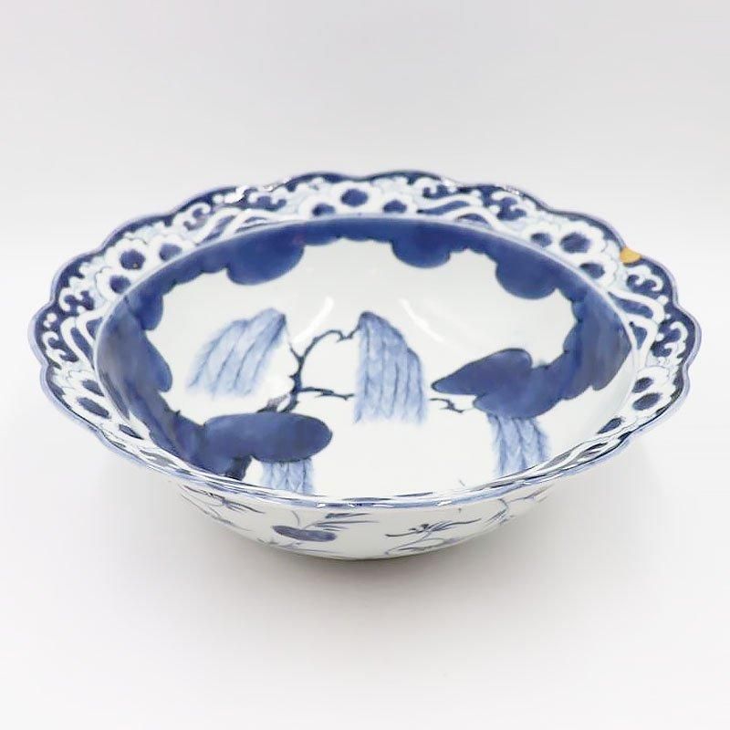 金継ぎ】手描き 染付 大鉢 輪花 呉須 藍 紺 盛り鉢 飾り鉢 