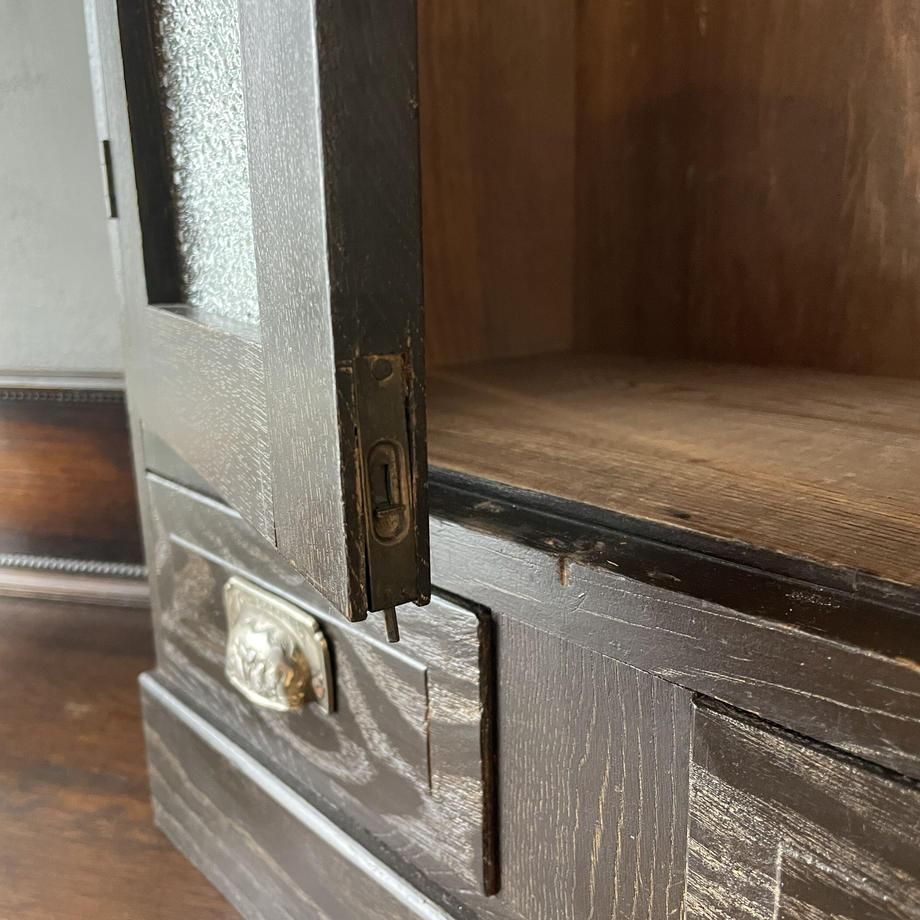 昭和初期 小さめガラス棚 木製 食器収納 アンティーク