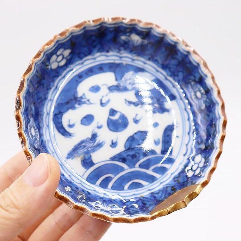 金継ぎ】手描き 染付 豆皿 いげ皿 藍色 呉須 ブルー 明治・大正