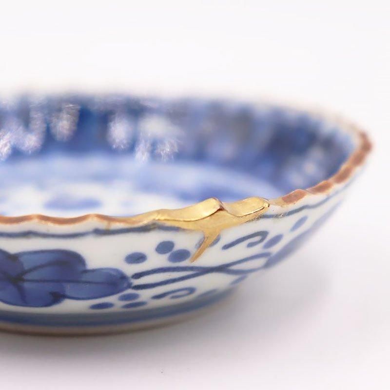 金継ぎ】手描き 染付 豆皿 いげ皿 藍色 呉須 ブルー 明治・大正