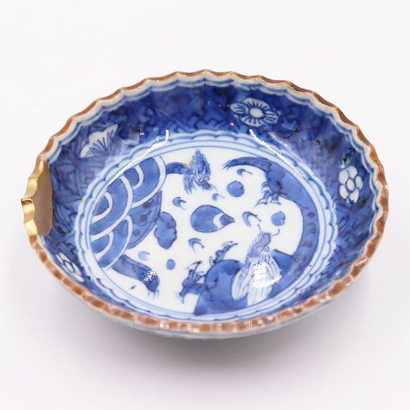 金継ぎ】手描き 染付 豆皿 いげ皿 藍色 呉須 ブルー 明治・大正