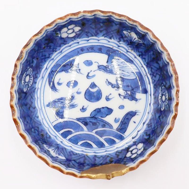 金継ぎ】手描き 染付 豆皿 いげ皿 藍色 呉須 ブルー 明治・大正 金継ぎ】手描き 染付 豆皿 いげ皿 藍色 呉須 ブルー 明治・大正