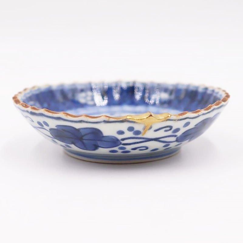 金継ぎ】手描き 染付 豆皿 いげ皿 藍色 呉須 ブルー 明治・大正