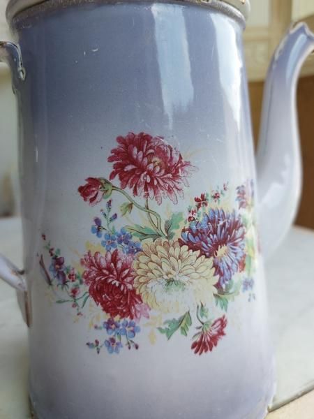 フランスアンティーク ホーロー　鍋４点(大中小ふた) パープルのお花模様 アンティークホーローパープルグラデーションポット - ANTIQUE LEAVES