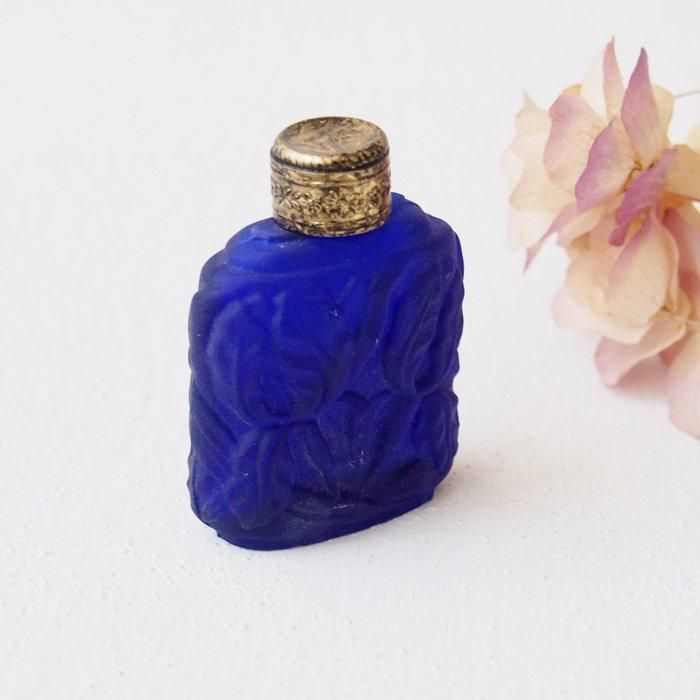 フランス ネイビーブルーフロストガラス ミニ香水瓶
