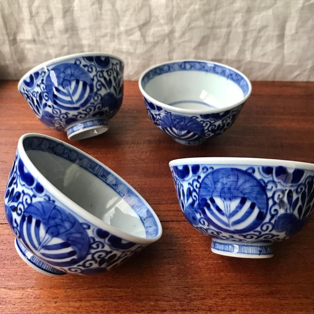 明治時代頃の伊万里 鶴と桐 染付茶碗