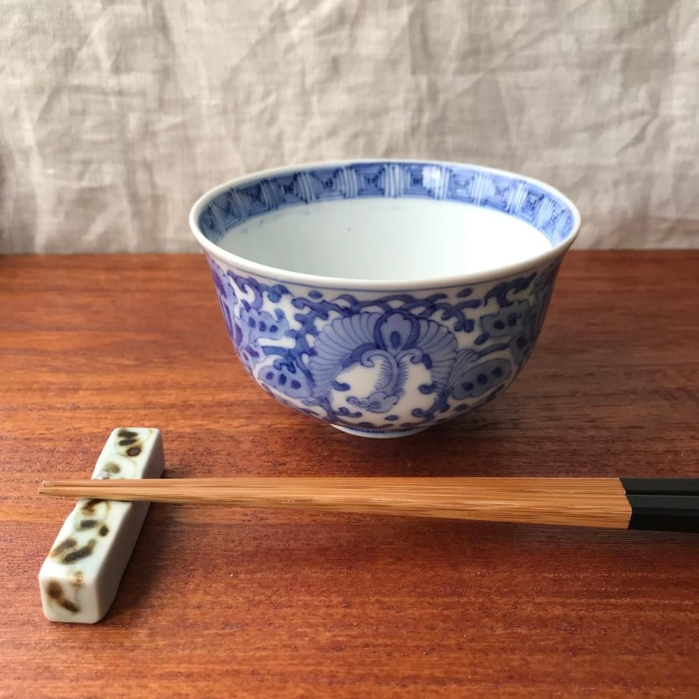 アンティーク 伊万里 龍と牡丹の手描きお茶碗 幕末明治