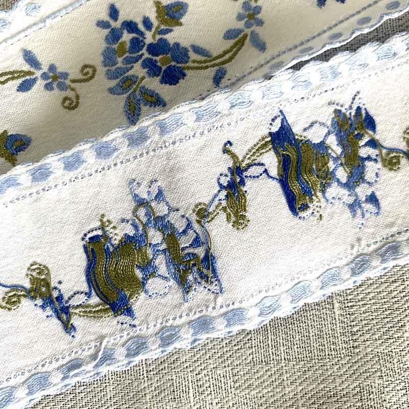 フランス製 ガロンテープ ブルー花刺繍 太巾