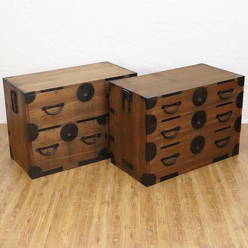 二段重ね 和箪笥 和家具 時代箪笥 チェスト 重厚感 時代金具 二段重ね 和箪笥 和家具 時代箪笥 チェスト 重厚感 時代金具
