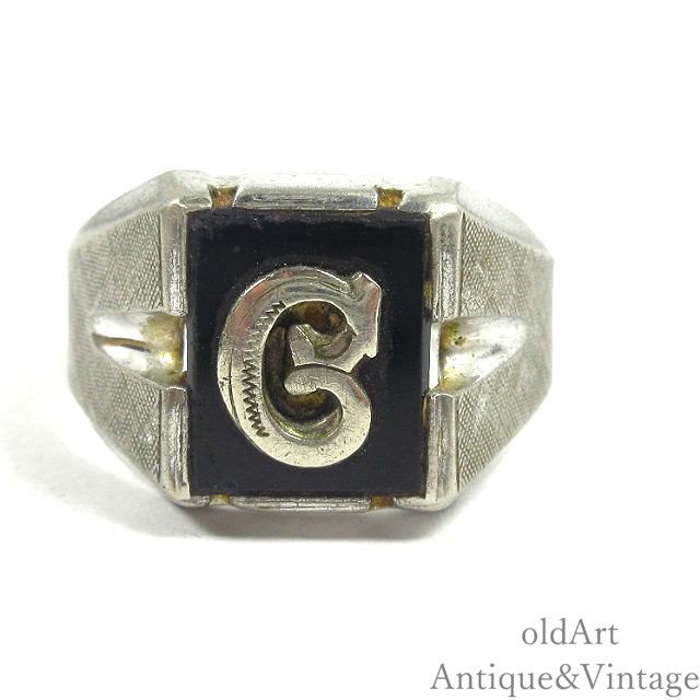 USA製1950年代VARGAS社ヴィンテージイニシャル「G」STERLINGシルバー製オニキスリング指輪【21.5号】【N-24125】