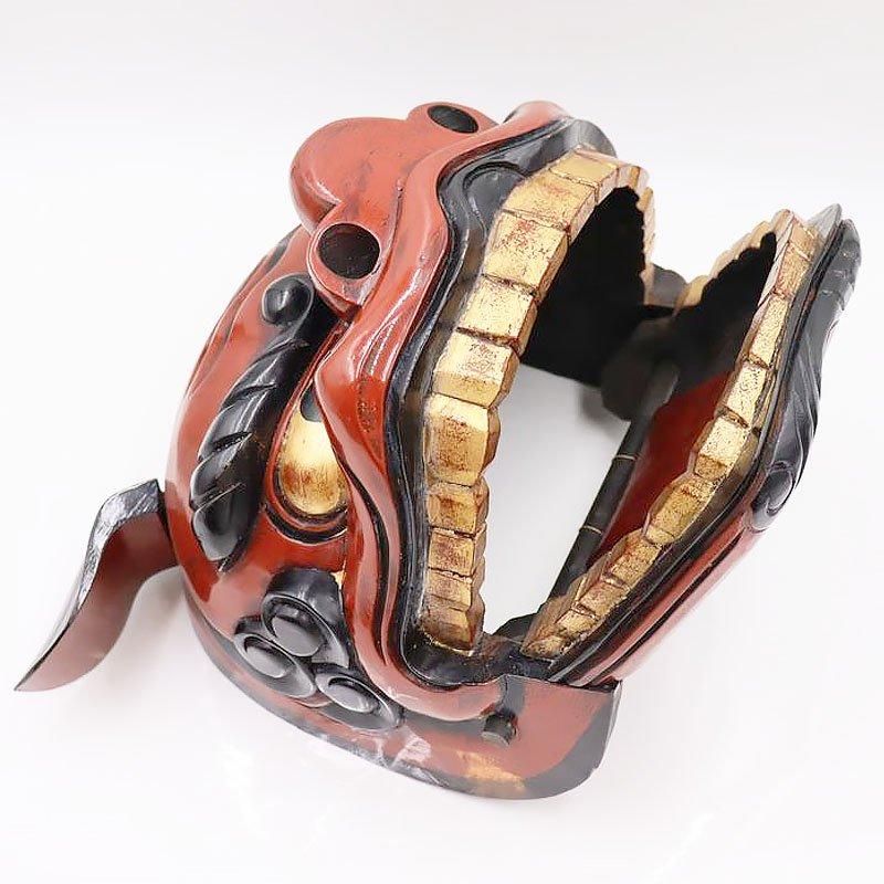 木彫 漆塗り 獅子頭 赤獅子 工芸品 骨董 アンティーク 日本製 小