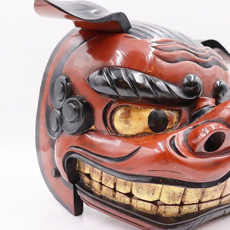 木彫 漆塗り 獅子頭 赤獅子 工芸品 骨董 アンティーク 日本製 小